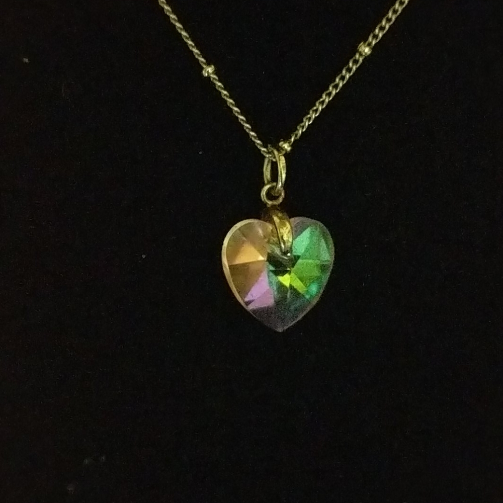 Iridescent Pink Glass Heart necklace 18 in.chain